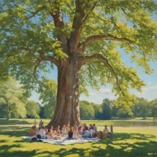 A serene and vibrant painting of a group of people having a picnic under a giant, ancient maple tree with a wide canopy, set against a clear blue sky with a few puffy white clouds, warm sunlight casting dappled shadows on the lush green grass, with a wide-angle view, in the style of impressionist oil painting