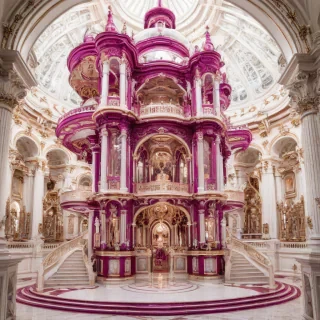 A majestic, magenta-colored space station with intricate, Baroque-inspired architecture, featuring sweeping curves and ornate details, set against a plain white background, in a wide shot with the entire station visible, including its elaborate docking bays and towering spires, with a sense of grandeur and opulence, in the style of a highly detailed, digital illustration