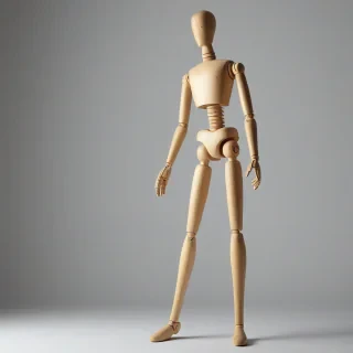 posable wooden art mannequin, on a plain white background, even lighting