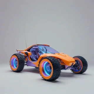 A futuristic matte orange buggy in a wide shot, with a full-body view, on a plain white background, with a vaporwave aesthetic, featuring pastel colors and a dreamy atmosphere, with neon lights and a sense of nostalgia, in a high-definition digital art style, with precise details and textures, and a subtle gradient effect, on a plain white background, even lighting