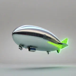 A full-body view of a vibrant blimp, with a shiny metallic envelope, standing on a plain white background, with bright lime green accents and glowing blue accents, in a wide shot, with a sense of dynamic movement, as if it's about to take off, with a mix of digital art and 3D rendering styles, and a hint of magic and wonder in the atmosphere