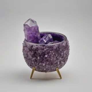 organic, purple, amethyst, crystal pot, on a plain white background, even lighting