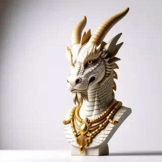 Greek style statue bust of a dragon head with long horns and a lot of golden jewelry