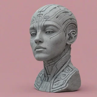 Digital art style statue of a head, sci-fi themed etchings in the stone, eyes half open, neutral expression, light grey stone color, on a plain pink background, bright and even lighting