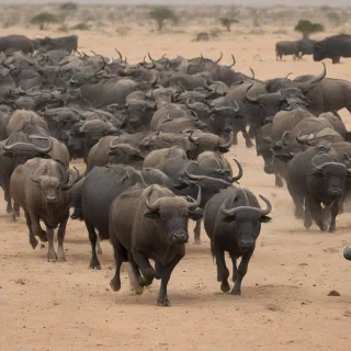 full-body view of a stampede of water buffalo in the sahara