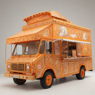 A bright orange food truck, with a wide shot of the entire vehicle, including wheels and roof, on a plain white background, in the style of Renaissance art, with warm golden lighting and intricate details, full-body view of the truck