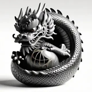 A Greek statue of a Chinese dragon snuggling a small dragon egg with scale patterns on it