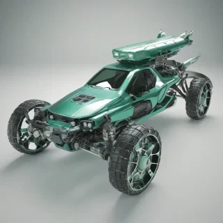 A futuristic, full-body view of the rover Emerald, with a sleek and metallic body, set against a plain white background, in a wide-angle shot, with dynamic shadows and a hard rim light, in the style of digital illustration, with a focus on intricate details and textures, and a sense of adventure and exploration, with the rover's name 'Emerald' written in a futuristic font next to it