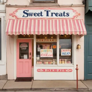 A vintage, old-time ice cream shop with a colorful exterior, full-body view, on a plain white background, with a wide shot, and the door, in the style of a watercolor painting, with dynamic shadows and a warm backlight, with the words 'Sweet Treats' in bold letters on the sign