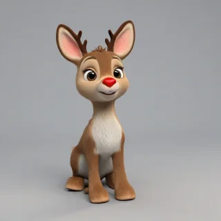 3d cartoon animation, cute baby Rudolph the red nose reindeer, big eyes, rounded features, short body, tiny nose, tiny feet, vivid colors, wide angle shot, feet visible, on a plain white background, even lighting