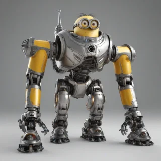 A full-body view of a Minion character from the Despicable Me franchise wearing a large, metallic mech suit with bright, shiny armor, two large cannons mounted on the arms, a clear cockpit, standing on a plain white background with a wide-angle shot, photorealistic style, with dynamic shadows and a hard rim light, and the Minion's face visible through the cockpit with a happy expression.