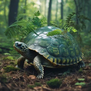 a turtle with a lush, vibrant forest on its shell, applying a double exposure photography effect with a blurred, dreamy atmosphere, capturing the intricate details of the forest's foliage and the turtle's shell, with plants growing out of the shell, and vines wrapping around it, in a serene, idyllic setting