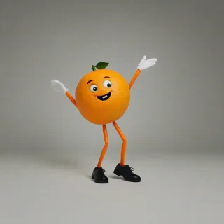 cartoon citrus orange person, with arms and legs, with white gloves and black shoes, friendly expression with a smile on its face,, on a plain white background, even lighting