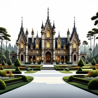 A grand, luxurious giant mansion with intricate stone carvings, tall spires, and beautifully manicured gardens, set against a plain white background, in a wide shot with the entire mansion visible, including the grounds and surrounding landscape, in the style of a realistic digital painting with warm, golden lighting and dynamic shadows