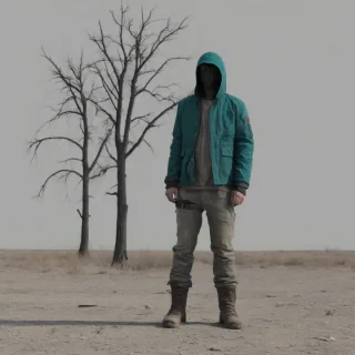 a full-body view of a lone person, wearing a teal colored jacket and pants, standing in a desolate, post-apocalyptic landscape with a wide-angle shot, plain white background, digital art style, with dynamic shadows and a hard rim light, no trees, no buildings, no vehicles, no other characters, no text, no logos, no water, no sky, on a plain white background, even lighting 