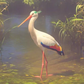 A tall, rainbow stork, full-body view, with vibrant plumage, standing in a swamp,  and dynamic shadows, in a digital art style