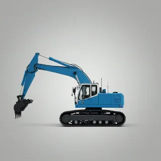 A low poly, steel blue, industrial equipment, such as a crane or excavator, in a wide shot with a plain white background, with simple, clean lines and minimal details, in a digital art style, with a focus on the overall shape and form of the equipment, and a subtle gradient effect to give it a slightly 3D appearance, full-body view, with all parts of the equipment visible, including the base, boom, and cab, in a static pose, with no motion lines or dynamic effects, and a neutral lighting with no harsh shadows or highlights, on a plain white background, even lighting