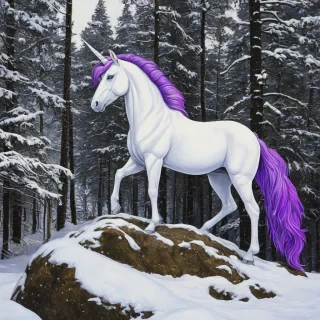 Pop art painting of a white unicorn with a purple mane and tail standing on a big rock in a snowy forest