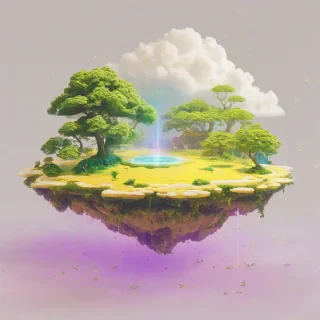 A vibrant, yellow, floating island, with a wide shot, full-body view, set against a plain white background, with a soft, dreamy, vaporwave aesthetic, featuring lush green trees, and a few puffy white clouds, with a warm, golden light, and a sense of depth, and dimensionality, with a mix of digital painting and 3D art styles, on a plain white background, even lighting