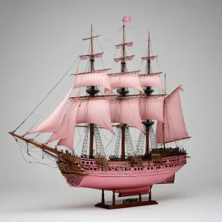 full-body view of a pink Victorian-era ship on a plain white background, wide shot, with visible sails and intricate details, on a plain white background, even lighting 