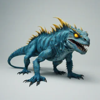 A full-body view of a hideous, angry lizard monster with six legs and a long tail, covered in sharp, jagged scales and pointy teeth, with glowing yellow eyes, in a celestial blue coloring, on a plain white background, in a wide shot, in the style of a dark fantasy digital illustration, on a plain white background, even lighting
