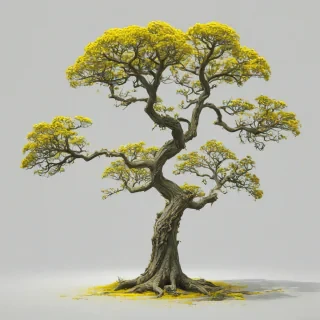 full-body view of an enchanted tree named Mustard, with a wide shot, on a plain white background, digital art style