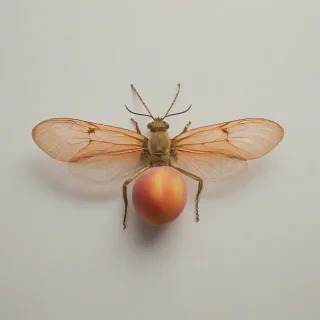 A peach-colored, full-body view, insect, on a plain white background, in Renaissance art style, with soft lighting