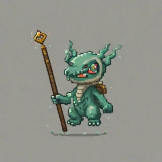 Chibi pixel art style, old sky creature holding a staff, on a plain white background, even lighting