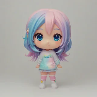 chibi anime girl with pastel colored hair, full body visible, on a plain white background, even lighting
