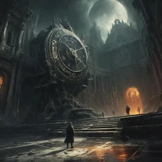 Digital art of the concept of Time, influenced by Raymond Swanland and Andreas Rocha, intense mood