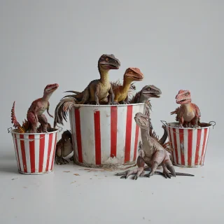A worn, rusty paper bucket with vertical red and white stripes, containing a group of velociraptor dinosaurs with vibrant, colorful feathers, sitting inside it, in a misty Jurassic environment, on a plain white background