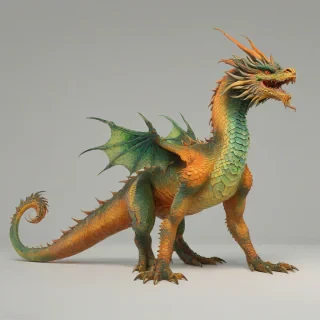 A full-body view of a Minokawa, a legendary Japanese dragon, with vibrant orange and green scales, standing on a plain white background, in a wide shot, with its feet visible, under soft, warm lighting, in a digital art style, on a plain white background, even lighting, on a plain white background, even lighting 