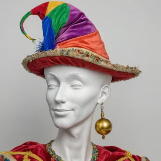 A colorful court jester's hat with a wide brim and a tall, curved peak, made of velvet and decorated with bells and feathers, on a plain white background, in a wide shot with the entire hat visible, in the style of a detailed, realistic illustration