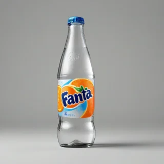 A transparent glass soda bottle with orange Fanta inside, the label clearly visible, on a plain white background, full-body view, with the bottle standing upright and the lighting is soft and even, no shadows or reflections on the bottle, the Fanta liquid is brightly colored and the label is in focus, on a plain white background, even lighting 