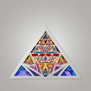 A full-body view of a pyramid with a vibrant geometric pattern on a plain white background, featuring a mix of triangles, squares, and circles in a symmetrical design, with bold lines and bright colors, in the style of digital art