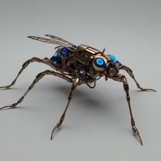 A bronze-colored, futuristic, robotic insect with metallic exoskeleton and glowing blue circuits, in a wide shot with its entire body visible, including antennae and legs, on a plain white background, with a sense of dynamic movement and energy, as if it's about to take off, with a mix of sharp and rounded edges, and a subtle gradient of bronze to dark brown, in a sci-fi style, with intricate details and textures