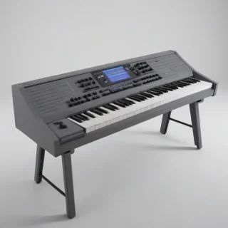 A retro-futuristic synthesizer with a slate grey finish, set against a plain white background, in a wide shot with the instrument's keys and controls fully visible, in the style of synthwave art, with neon accents and a nostalgic vibe, full-body view of the instrument, with the slate grey color being the primary focus, and the synthesizer having a sleek, high-tech design