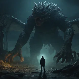 Digital art environmental scene at night, person and scaly monster staring down