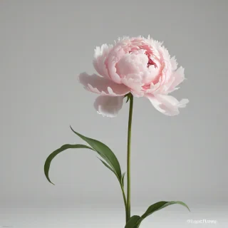 A fully bloomed, light pink peony flower, with delicate petals and a lush green stem, in a wide shot, full-body view, with the entire flower visible, on a plain white background, with soft, natural lighting and subtle shadows, in a realistic, high-definition, photographic style, on a plain white background, even lighting