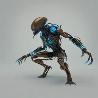 A brown, cyberpunk alien parasite in a full-body view, with a metallic exoskeleton and neon blue accents, set against a plain white background, with a wide-angle shot and dynamic shadows, in a digital art style with a focus on intricate details and textures, on a plain white background, even lighting