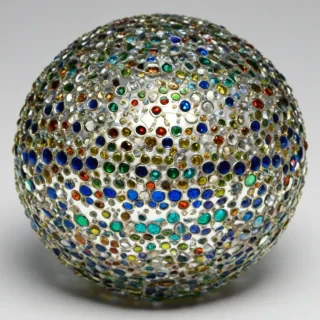 jeweled color glass ball, on a plain white background, even lighting