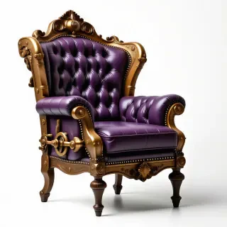 A intricately detailed, Victorian-style, purple armchair with brass gears, copper pipes, and leather upholstery, set against a plain white background, in a wide shot with the entire chair visible, feet of the chair visible, in a steampunk style with a mix of science fiction and industrial elements, highly ornate and complex details, with a sense of luxury and nostalgia