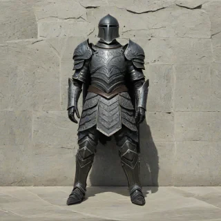A highly detailed, hyperrealistic piece of slate armor, with intricate textures and patterns, in a wide shot, full-body view, on a plain white background, with dramatic lighting and dynamic shadows, showcasing the armor's rugged and weathered appearance