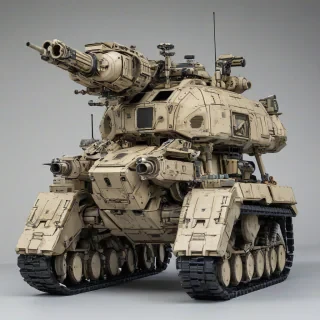 M.A.V. (modular assault vehicle) mech, on tread chassis, with sniper cannons mounted to the sides of a large, earth-toned bulbous metal cockpit, military shapes, on a plain white background, even lighting