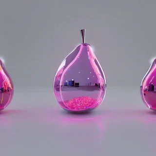 A pink, glowing, futuristic fruit with a metallic sheen, full-body view, on a plain white background, with neon lights reflecting off its surface, in a wide shot, with a sense of depth and dimensionality, digital art style, vibrant colors, and dynamic shadows, on a plain white background, even lighting