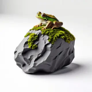 rock with moss and a frog sitting on top