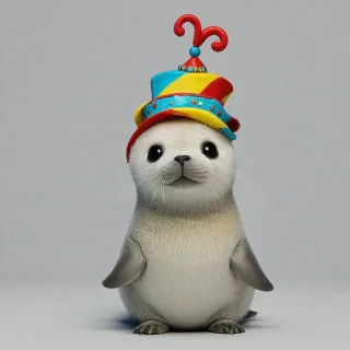 Chibi style circus seal, wearing a circus hat, vivid colors, full body visible, bright lighting, on a plain white background, even lighting