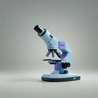 A low poly, periwinkle-colored microscope, with a wide-angle view, on a plain white background, featuring a minimalist and sleek design, with subtle shadows and soft lighting, in a digital art style, with the microscope's components, such as the lenses and stage, clearly visible, and the overall image having a clean and futuristic feel