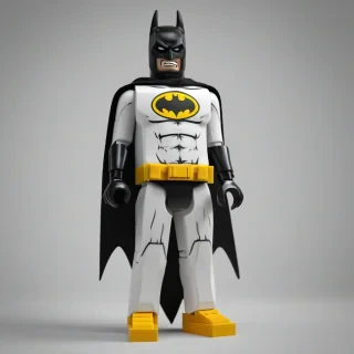 A full-body view of a Lego man, with a bright white background, wearing a batman costume, with a serious look on his face, on a plain white background, in a wide shot, with feet visible, in a digital art style, with bold lines and vibrant colors, on a plain white background, even lighting