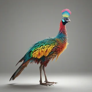 A colorful Basan, full-body view, on a plain white background, with vibrant and detailed plumage, in a wide shot, with feet visible, in a digital art style, with a backlight, on a plain white background, even lighting 